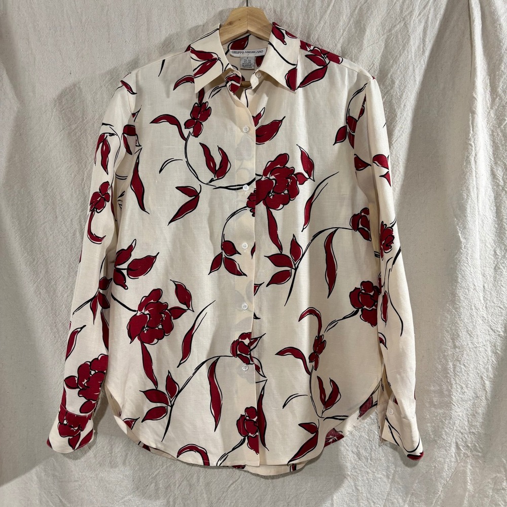 Vintage Gruppo Americano Silk Linen Floral Button Down Shirt Cream Red Size P